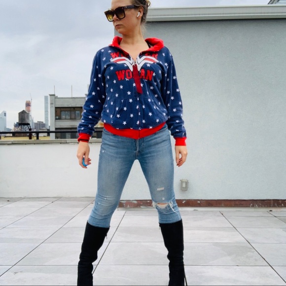 2in1 Vintage Wonder Woman Starred Turn Double Side Hoodie Red Blue - Picture 7 of 16